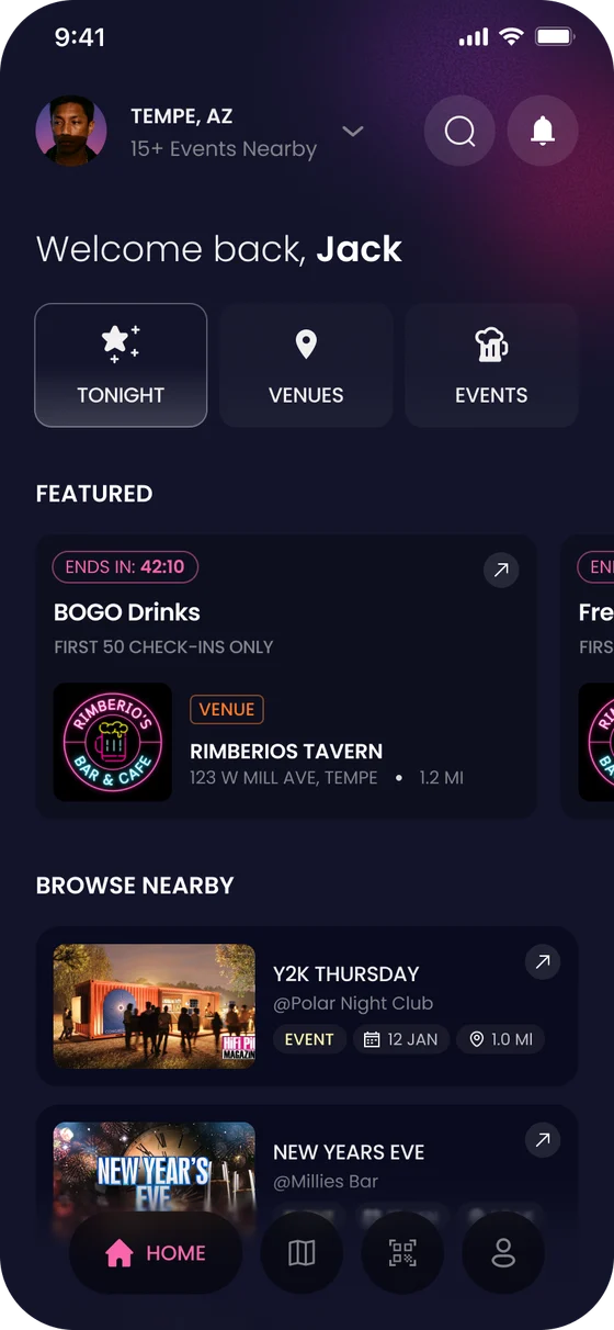 The Spree home screen, showing what is featured tonight and events nearby.