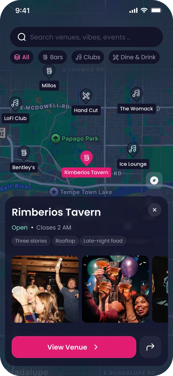 The Spree map, showing partner bars, clubs and dine and drink spots near you with filters across the top.
