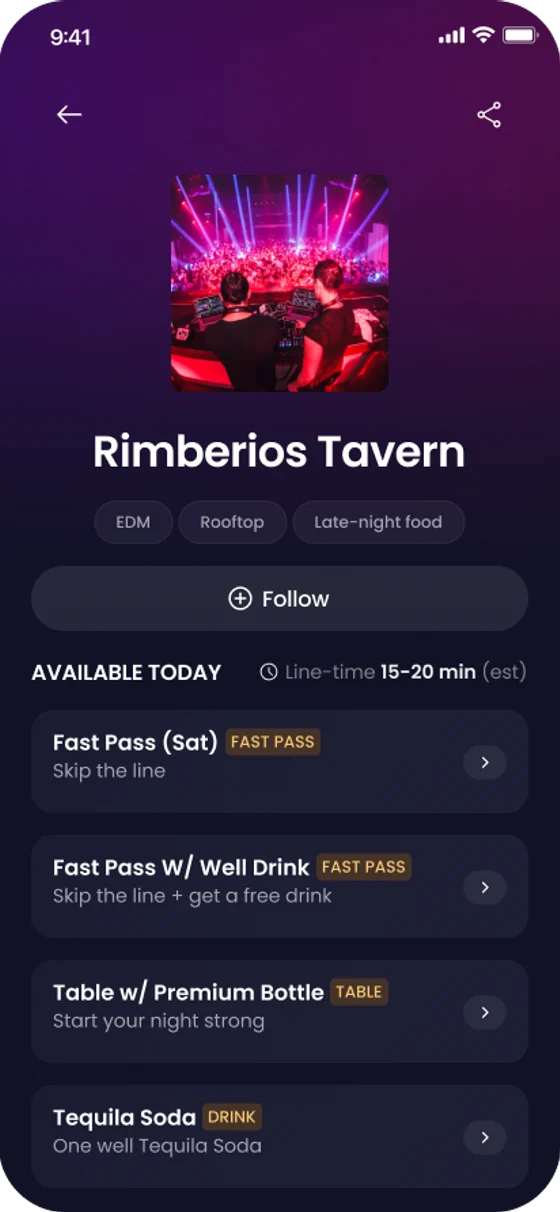 A venue page in Spree, listing the Fast Passes, tables and specials you can buy for tonight.