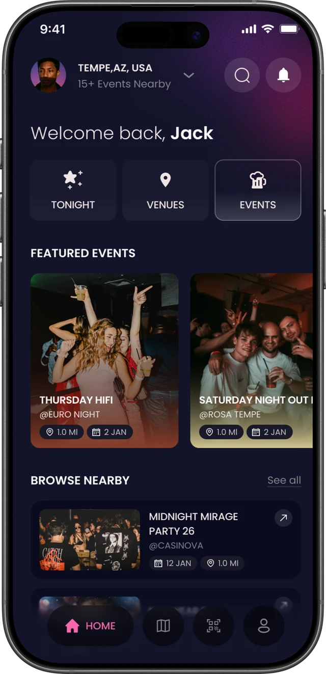 The Spree app showing featured events for tonight, including a sponsored bar crawl and a venue's sponsored open bar.